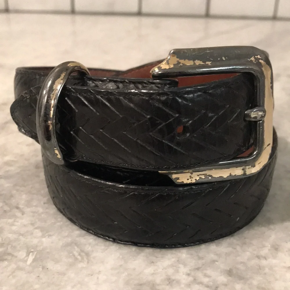 Vintage Mens Black Leather Woven Belt Size 42 Made in the USA